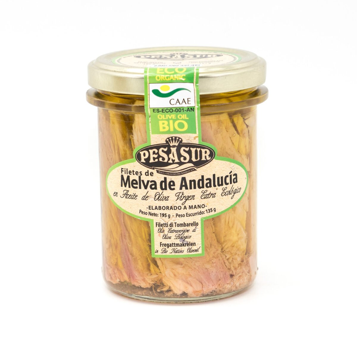 FILETES DE MELVA DE ANDALUCÍA EN ACEITE DE OLIVA VIRGEN EXTRA ECOLOGICO 195g